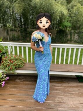 Primavera Couture Lavender and Light Turquoise Beaded V-Neck Open Back Prom Gown